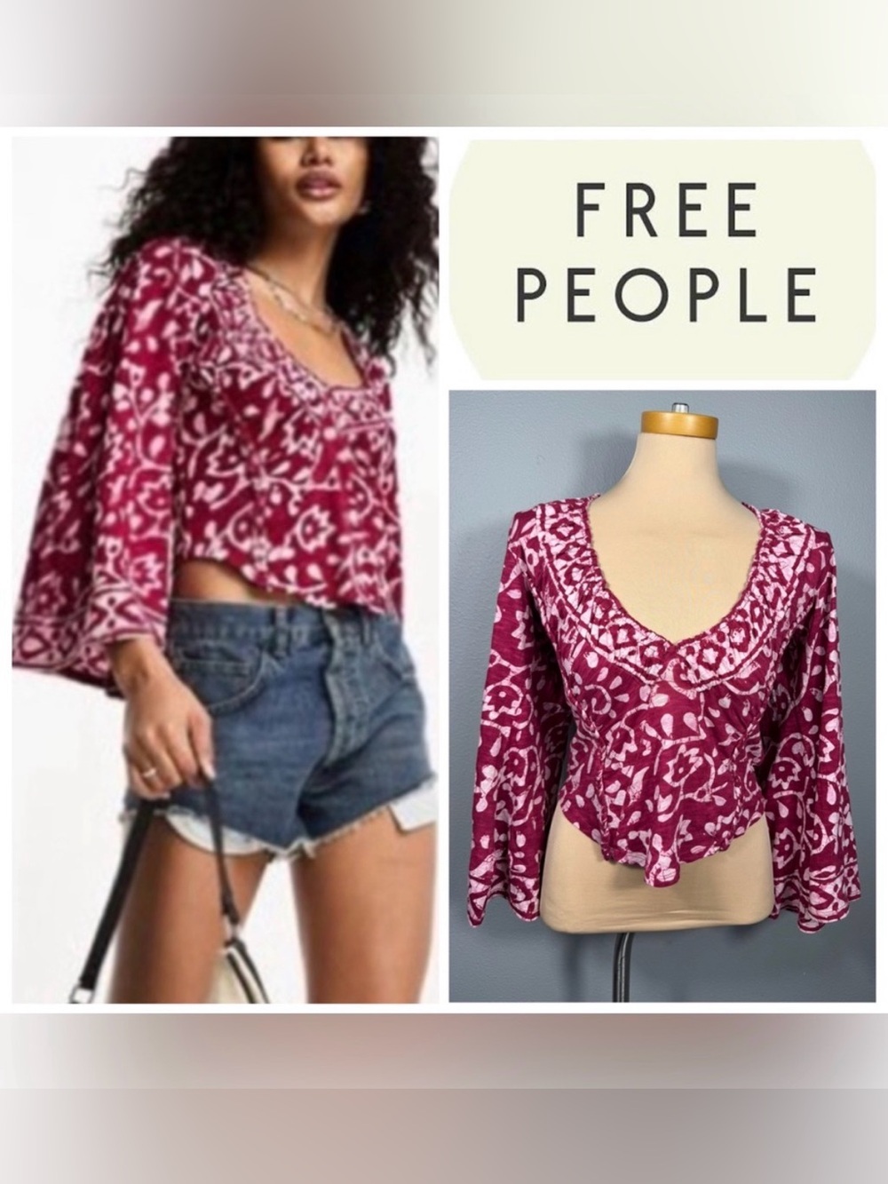 Free People ON THE BLOCK Bell Sleeve Batik Print Top